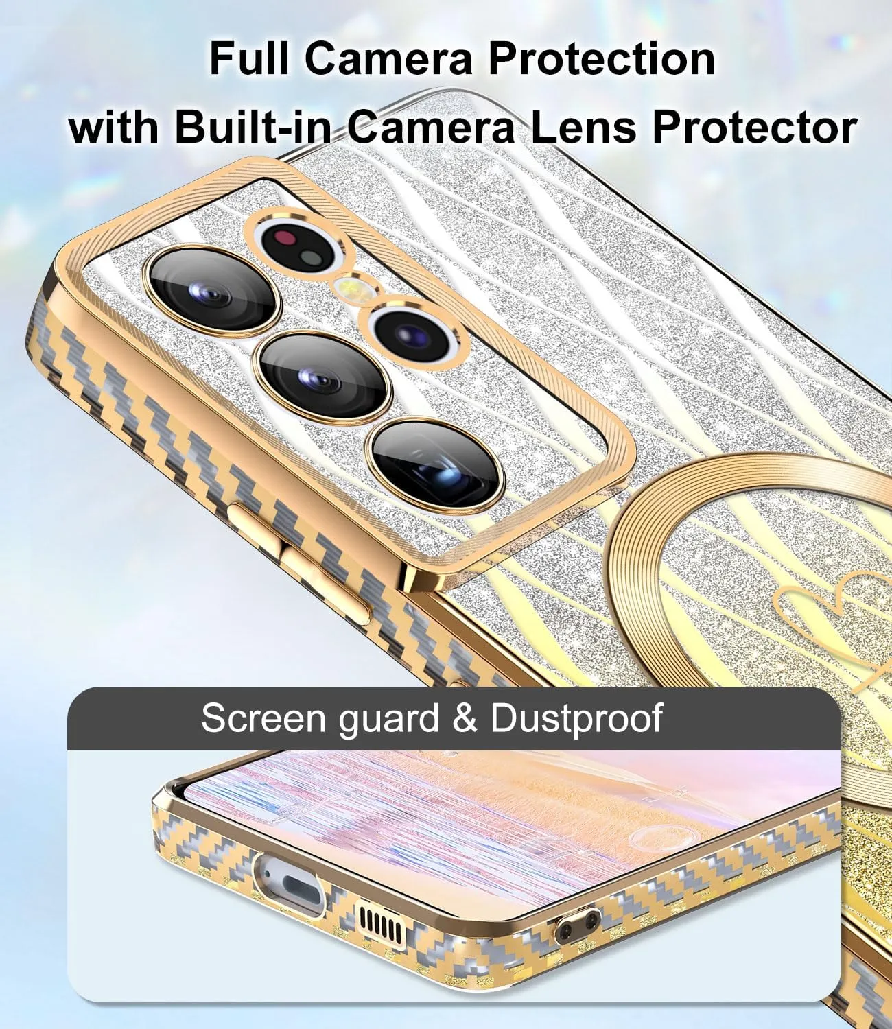 for Samsung Galaxy S21 Ultra Case,Compatible with Magsafe Luxury Glitter Plating Love Heart with Camera Lens Cover Clear Soft TPU Shockproof Magnetic Phone Case for Women Girls, Gold