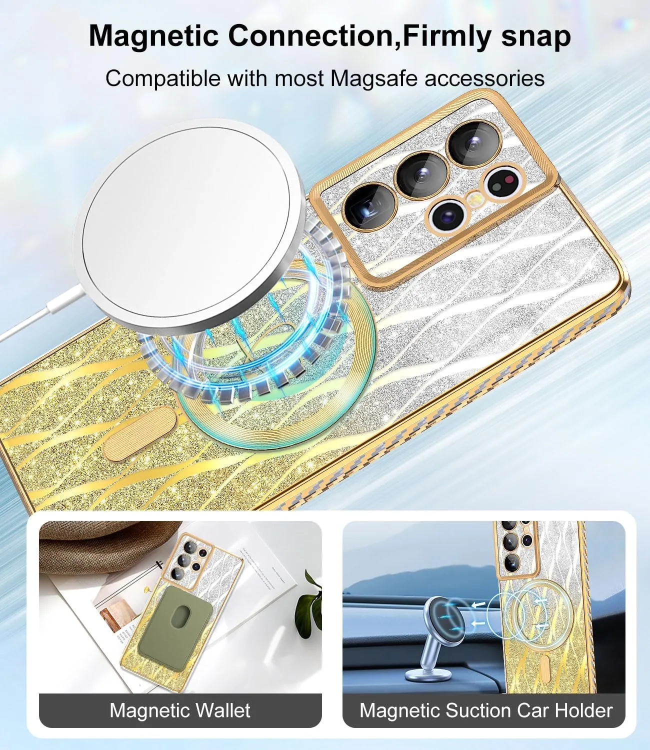 for Samsung Galaxy S21 Ultra Case,Compatible with Magsafe Luxury Glitter Plating Love Heart with Camera Lens Cover Clear Soft TPU Shockproof Magnetic Phone Case for Women Girls, Gold