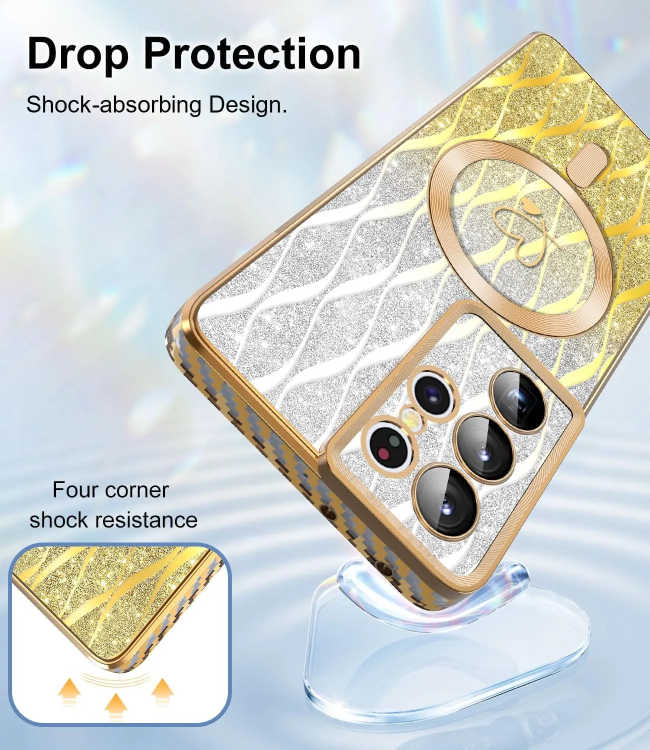 for Samsung Galaxy S21 Ultra Case,Compatible with Magsafe Luxury Glitter Plating Love Heart with Camera Lens Cover Clear Soft TPU Shockproof Magnetic Phone Case for Women Girls, Gold