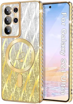for Samsung Galaxy S21 Ultra Case,Compatible with Magsafe Luxury Glitter Plating Love Heart with Camera Lens Cover Clear Soft TPU Shockproof Magnetic Phone Case for Women Girls, Gold