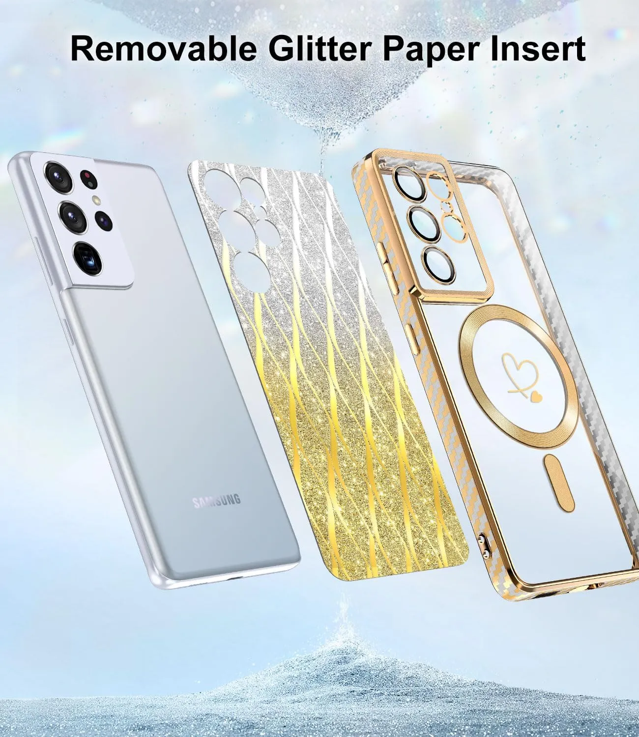 for Samsung Galaxy S21 Ultra Case,Compatible with Magsafe Luxury Glitter Plating Love Heart with Camera Lens Cover Clear Soft TPU Shockproof Magnetic Phone Case for Women Girls, Gold