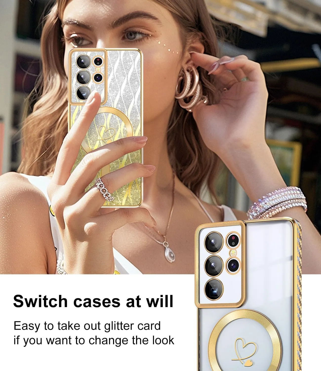for Samsung Galaxy S21 Ultra Case,Compatible with Magsafe Luxury Glitter Plating Love Heart with Camera Lens Cover Clear Soft TPU Shockproof Magnetic Phone Case for Women Girls, Gold