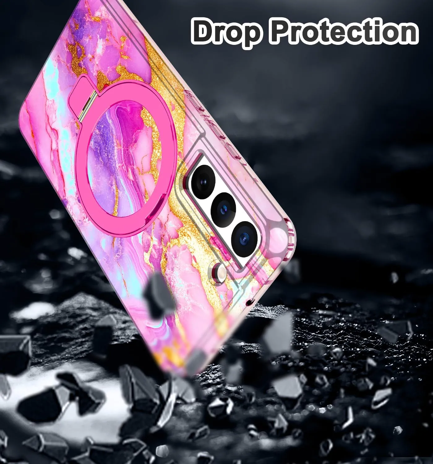 for Samsung Galaxy S22 Case with Magnetic Invisible Ring Stand [Compatible with MagSafe], Full Body Rugged Slim Women Men Girl Shockproof Marble Pattern Design Case, Coral Pink