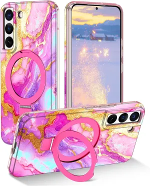 for Samsung Galaxy S22 Case with Magnetic Invisible Ring Stand [Compatible with MagSafe], Full Body Rugged Slim Women Men Girl Shockproof Marble Pattern Design Case, Coral Pink