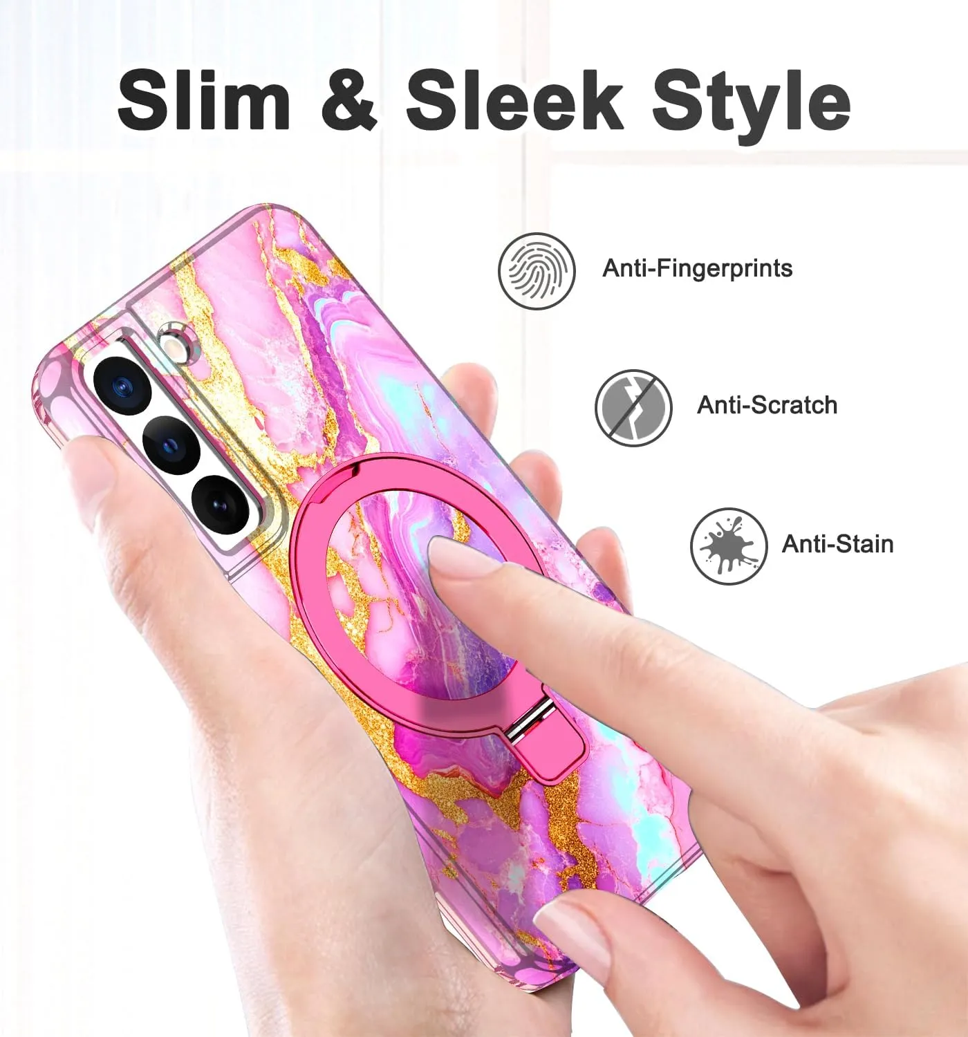 for Samsung Galaxy S22 Case with Magnetic Invisible Ring Stand [Compatible with MagSafe], Full Body Rugged Slim Women Men Girl Shockproof Marble Pattern Design Case, Coral Pink