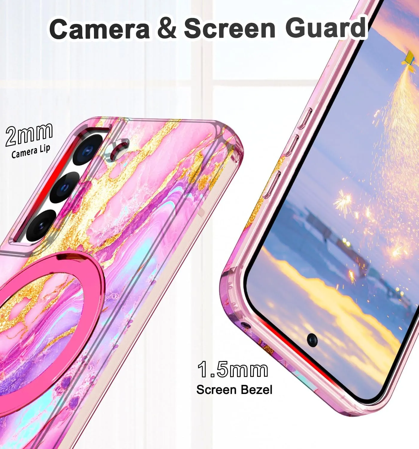 for Samsung Galaxy S22 Case with Magnetic Invisible Ring Stand [Compatible with MagSafe], Full Body Rugged Slim Women Men Girl Shockproof Marble Pattern Design Case, Coral Pink