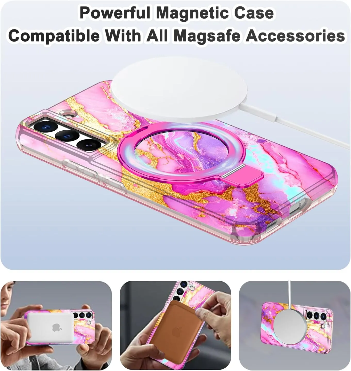 for Samsung Galaxy S22 Case with Magnetic Invisible Ring Stand [Compatible with MagSafe], Full Body Rugged Slim Women Men Girl Shockproof Marble Pattern Design Case, Coral Pink
