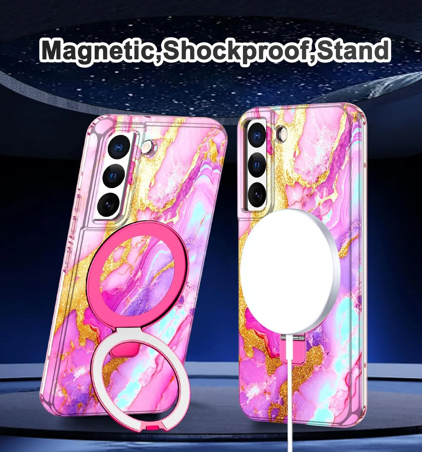 for Samsung Galaxy S22 Case with Magnetic Invisible Ring Stand [Compatible with MagSafe], Full Body Rugged Slim Women Men Girl Shockproof Marble Pattern Design Case, Coral Pink