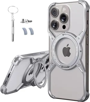 Frameless Magnetic Case for iPhone 15 Pro Max / 14 Pro Max / 13 Pro Max with Stand, Fit for MagSafe, Rotatable Ring Kickstand Bezel Less Minimalist Heat Dissipation Slim Shockproof Metal Bumper Case