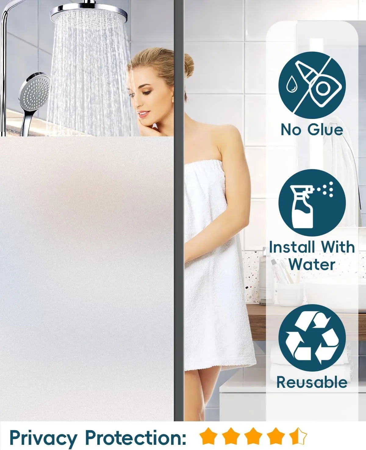 Frosted Glass Window Privacy Film Decorative, Bathroom Window Privacy Film for Glass Windows Cover, Static Cling, Removable, Reusable, Anti-UV, Anti-Glare, Heat Blocking, 17.5 by 78.74 inch