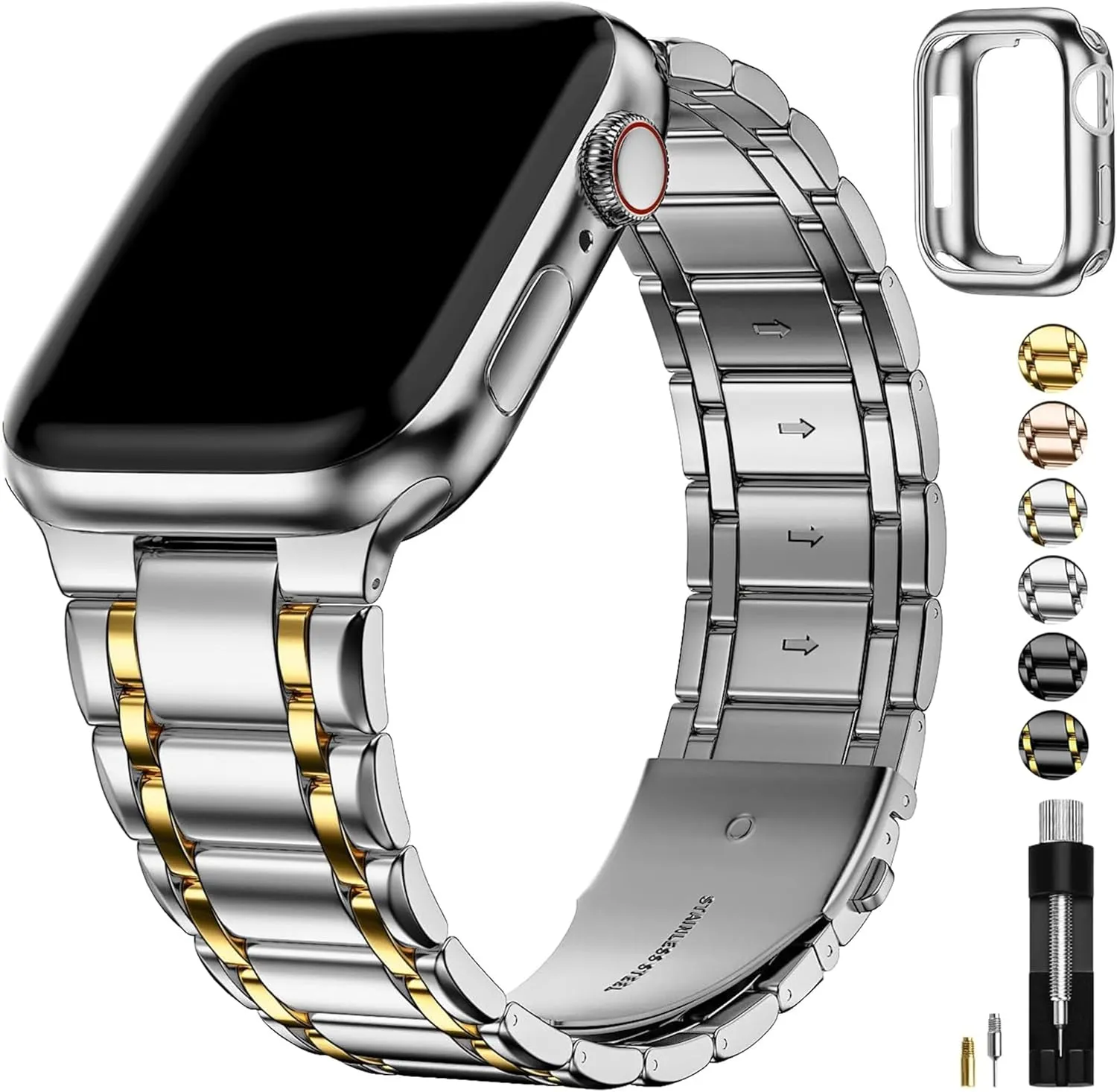 Fullmosa Bands Compatible Apple Watch 45mm 44mm 42mm, Stainless Steel iWatch Band with Case for Apple Watch Series 9 8 7 6 5 4 3 2 1 SE, Silver and Gold