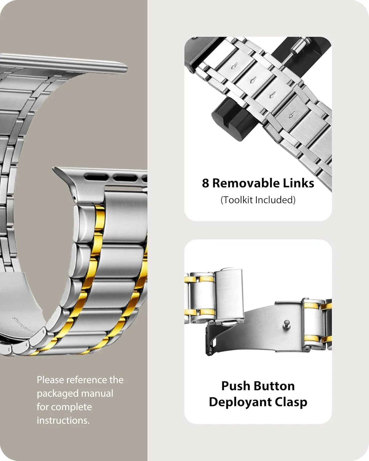 Fullmosa Bands Compatible Apple Watch 45mm 44mm 42mm, Stainless Steel iWatch Band with Case for Apple Watch Series 9 8 7 6 5 4 3 2 1 SE, Silver and Gold