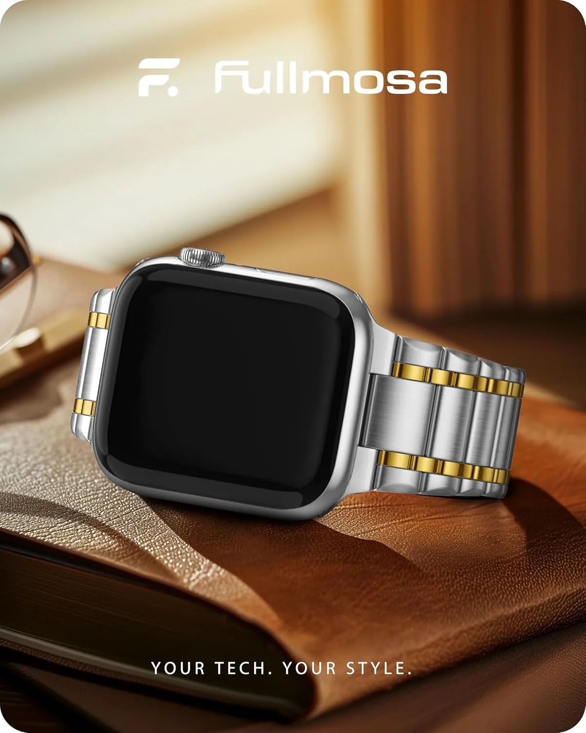 Fullmosa Bands Compatible Apple Watch 45mm 44mm 42mm, Stainless Steel iWatch Band with Case for Apple Watch Series 9 8 7 6 5 4 3 2 1 SE, Silver and Gold