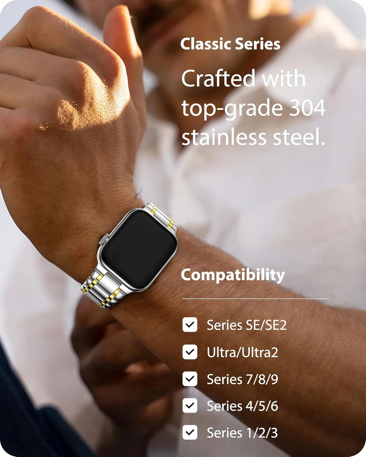 Fullmosa Bands Compatible Apple Watch 45mm 44mm 42mm, Stainless Steel iWatch Band with Case for Apple Watch Series 9 8 7 6 5 4 3 2 1 SE, Silver and Gold