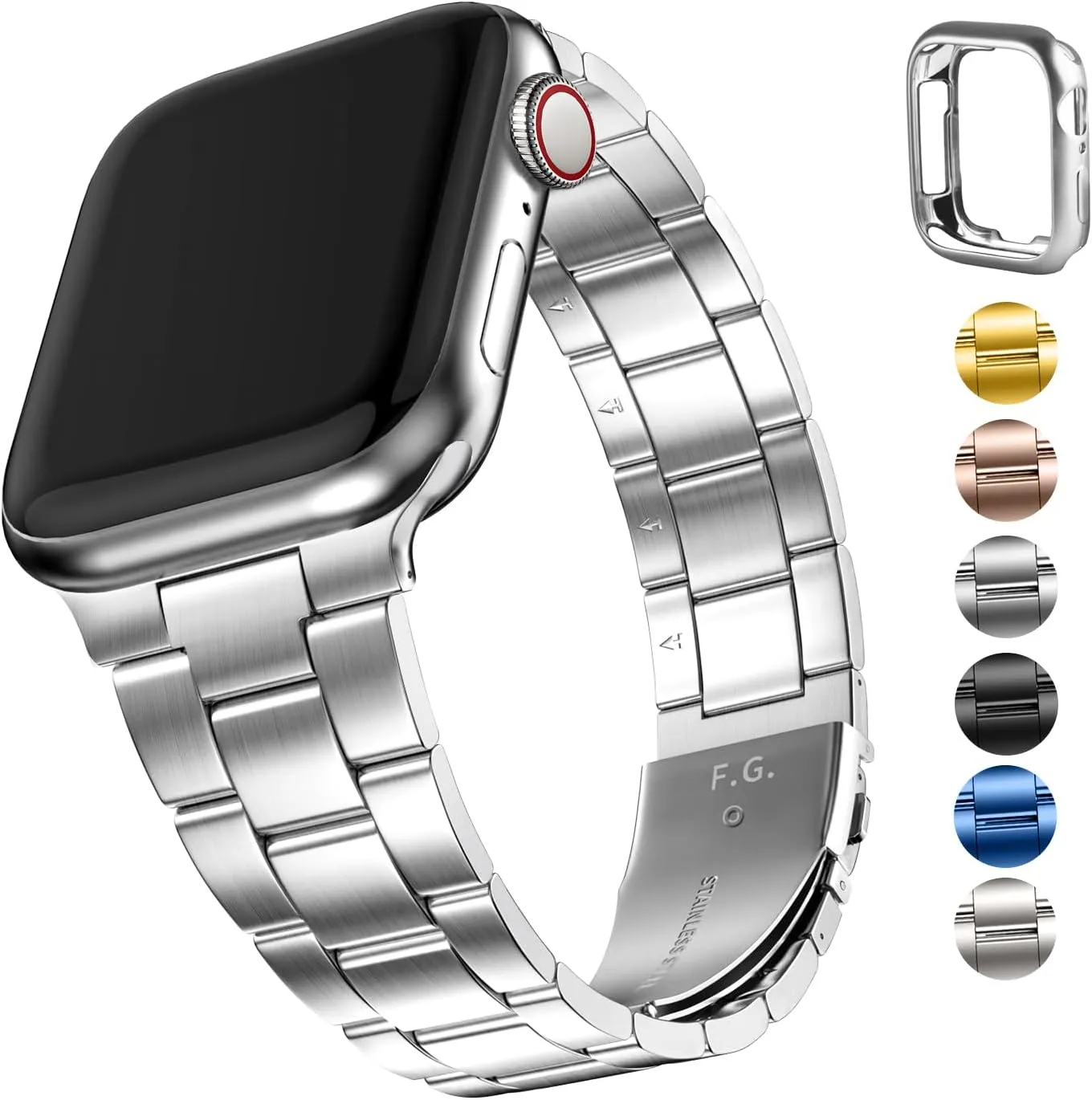 Fullmosa No Tools Needed Compatible Apple Watch Bands for Women Men 41mm 40mm 38mm 46mm 49mm 45mm 44mm 42mm, Metal Strap with Case for iWatch Series 9 8 7 6 5 4 3 2 1 SE 10 Ultra, 38mm 40mm 41mm Silver