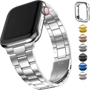Fullmosa No Tools Needed Compatible Apple Watch Bands for Women Men 41mm 40mm 38mm 46mm 49mm 45mm 44mm 42mm, Metal Strap with Case for iWatch Series 9 8 7 6 5 4 3 2 1 SE 10 Ultra, 38mm 40mm 41mm Silver