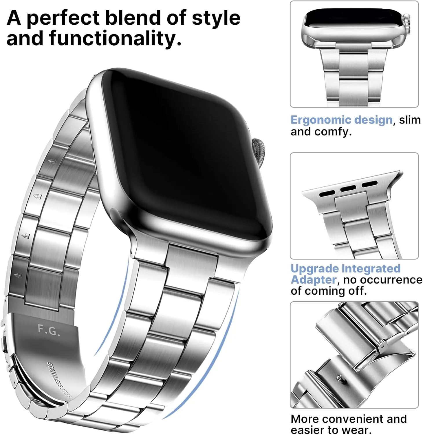 Fullmosa No Tools Needed Compatible Apple Watch Bands for Women Men 45mm 44mm 42mm, Metal Strap with Case for iWatch Series 9 8 7 6 5 4 3 2 1 SE SE2, Silver