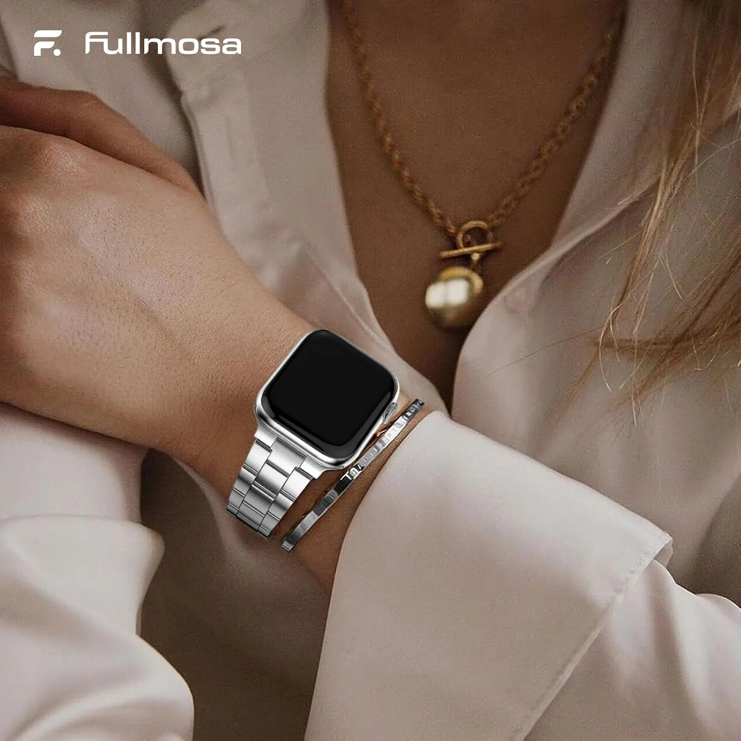 Fullmosa No Tools Needed Compatible Apple Watch Bands for Women Men 45mm 44mm 42mm, Metal Strap with Case for iWatch Series 9 8 7 6 5 4 3 2 1 SE SE2, Silver