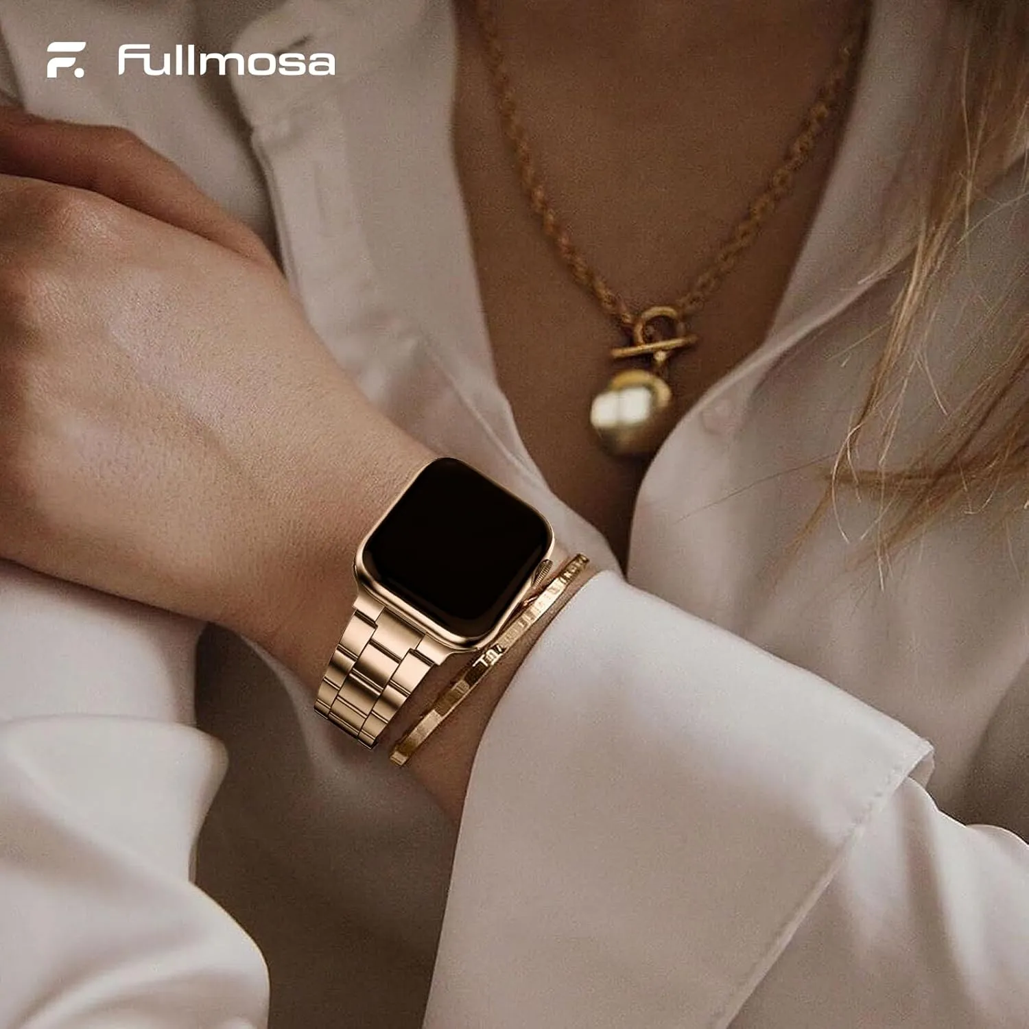 Fullmosa No Tools Needed Compatible Apple Watch Bands for Women Men 46mm Series 10, Metal Strap Stainless Steel Wristband with Case for iWatch, Rose gold