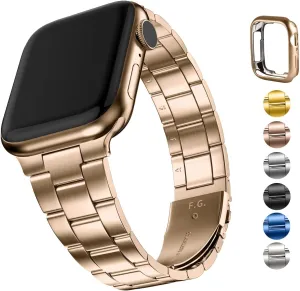 Fullmosa No Tools Needed Compatible Apple Watch Bands for Women Men 46mm Series 10, Metal Strap Stainless Steel Wristband with Case for iWatch, Rose gold