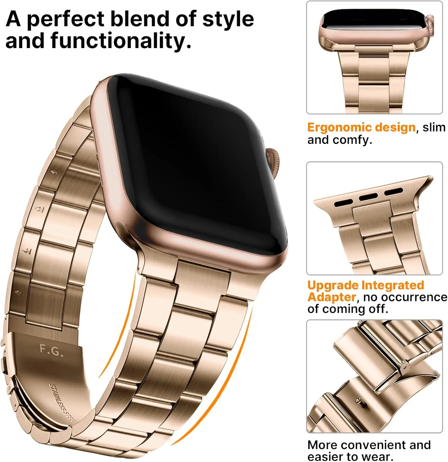 Fullmosa No Tools Needed Compatible Apple Watch Bands for Women Men 46mm Series 10, Metal Strap Stainless Steel Wristband with Case for iWatch, Rose gold