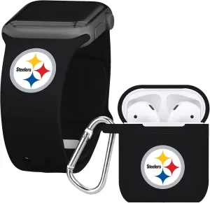 Game Time Pittsburgh Steelers Silicone Watch Band and Case Cover Combo Package Compatible with Apple Watch and AirPods Battery Case (42/44/45mm Black/Black)