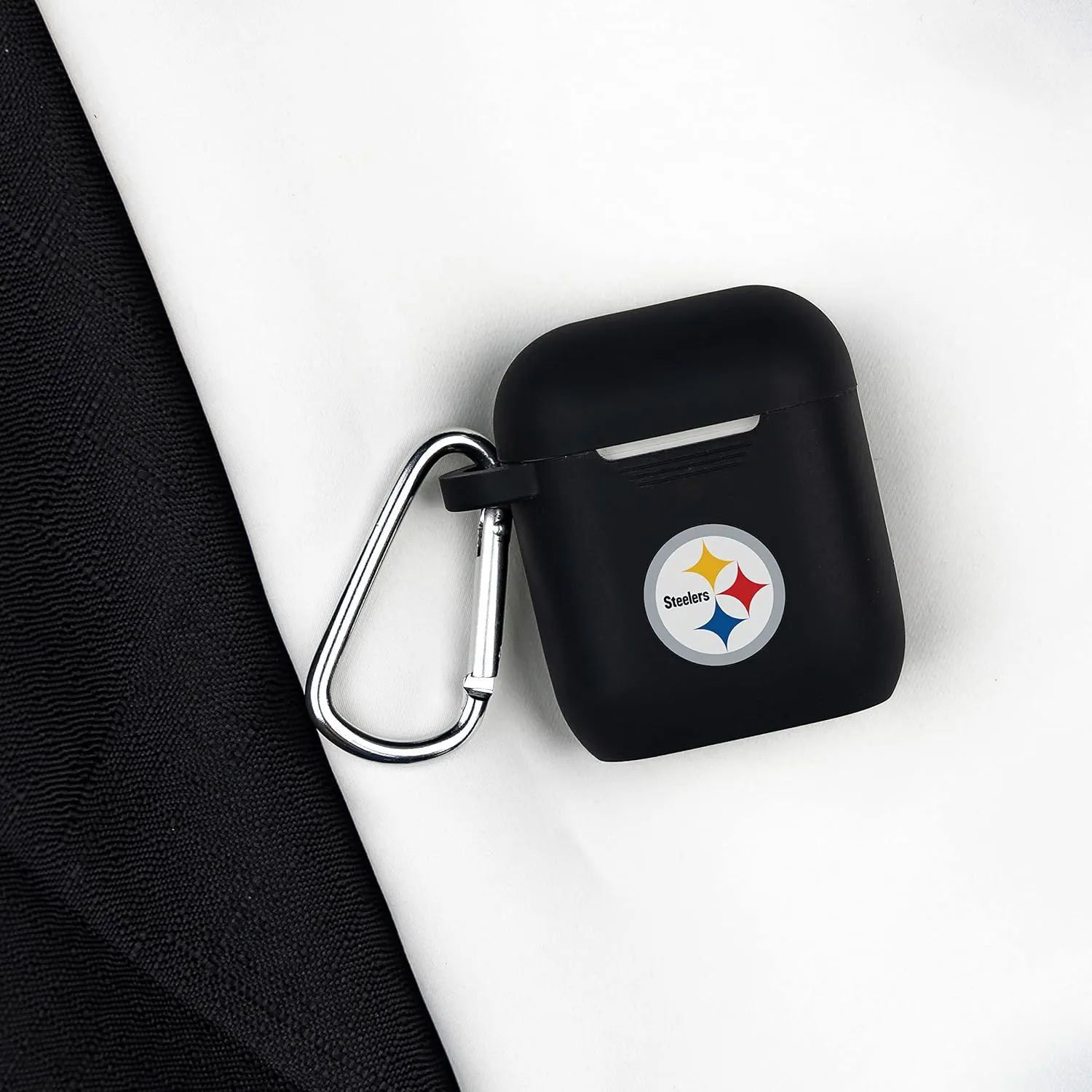 Game Time Pittsburgh Steelers Silicone Watch Band and Case Cover Combo Package Compatible with Apple Watch and AirPods Battery Case (42/44/45mm Black/Black)