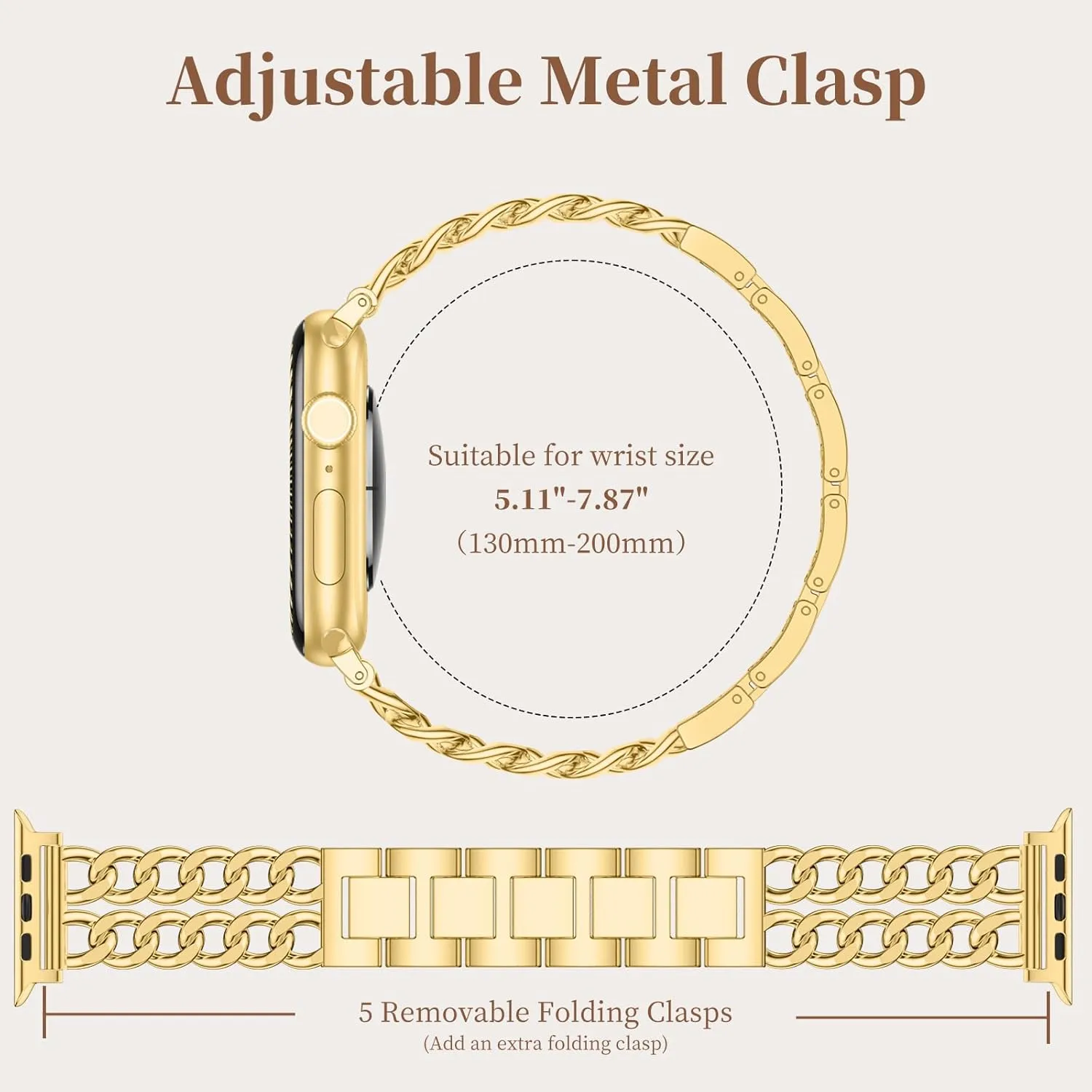 GEAK Gold Watch Band - Compatible with Apple Watch Bands for Women 40mm 38mm 41mm 42mm, Stylish Adjustable Metal Double Steel Chain Bracelet for iWatch Bands Series SE 10 9 8 7 6 5 4 3 2 1