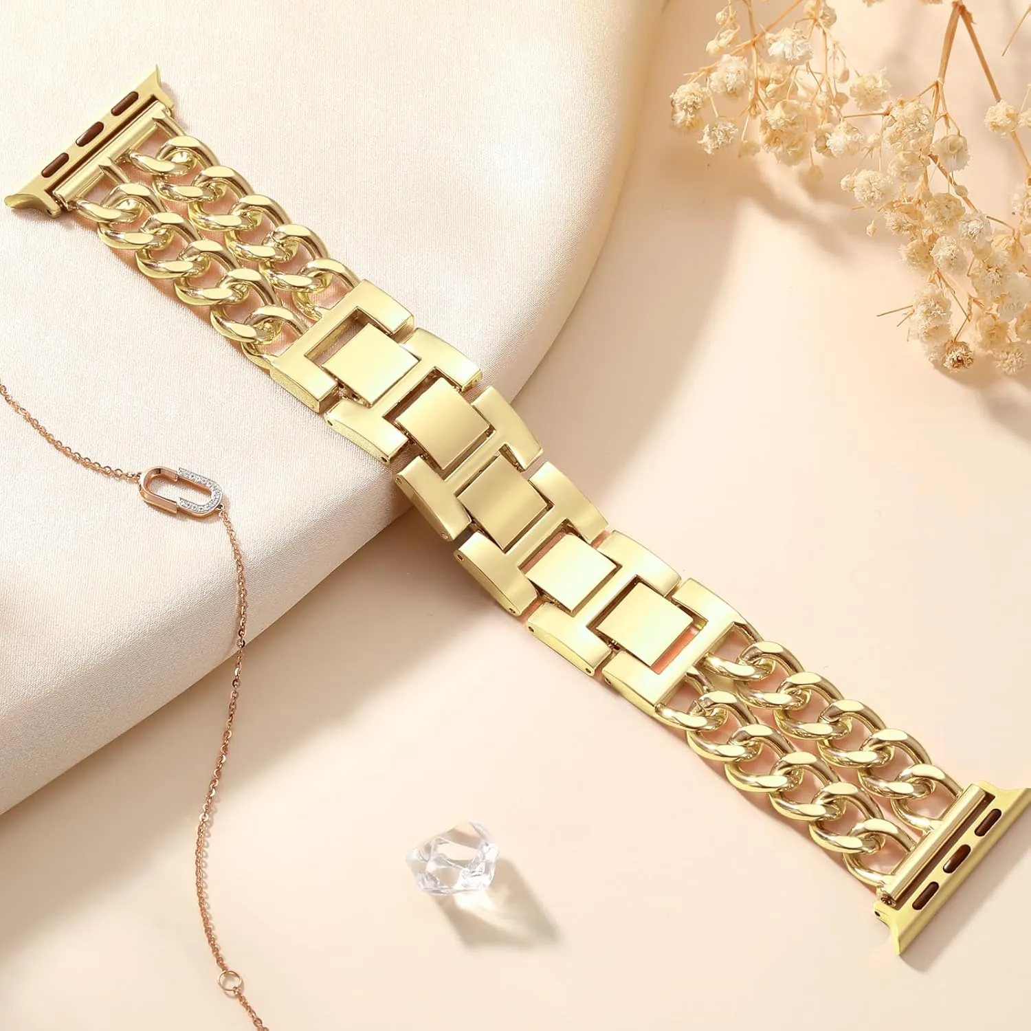 GEAK Gold Watch Band - Compatible with Apple Watch Bands for Women 40mm 38mm 41mm 42mm, Stylish Adjustable Metal Double Steel Chain Bracelet for iWatch Bands Series SE 10 9 8 7 6 5 4 3 2 1
