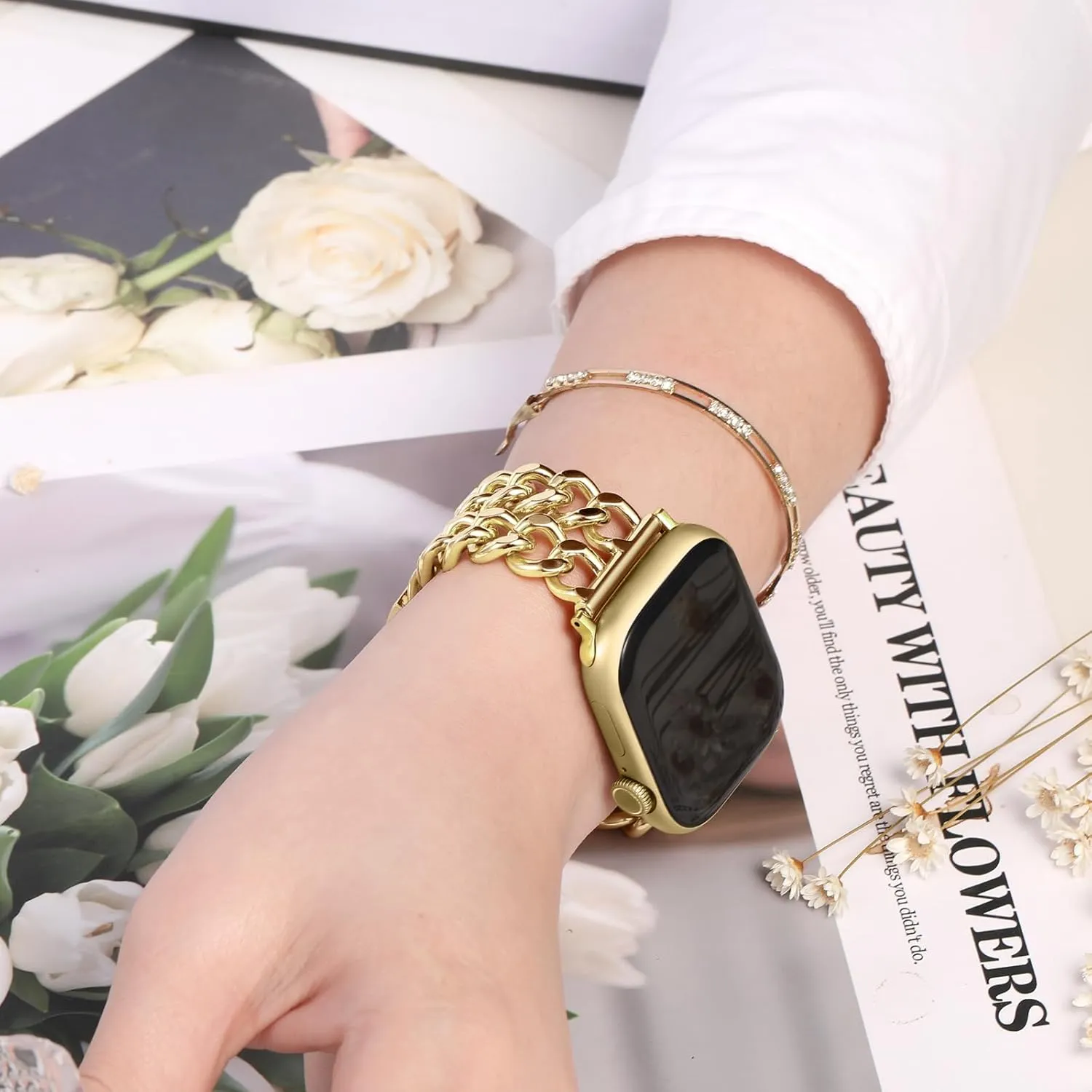 GEAK Gold Watch Band - Compatible with Apple Watch Bands for Women 40mm 38mm 41mm 42mm, Stylish Adjustable Metal Double Steel Chain Bracelet for iWatch Bands Series SE 10 9 8 7 6 5 4 3 2 1