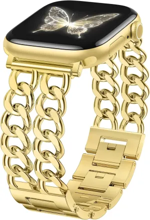 GEAK Gold Watch Band - Compatible with Apple Watch Bands for Women 40mm 38mm 41mm 42mm, Stylish Adjustable Metal Double Steel Chain Bracelet for iWatch Bands Series SE 10 9 8 7 6 5 4 3 2 1