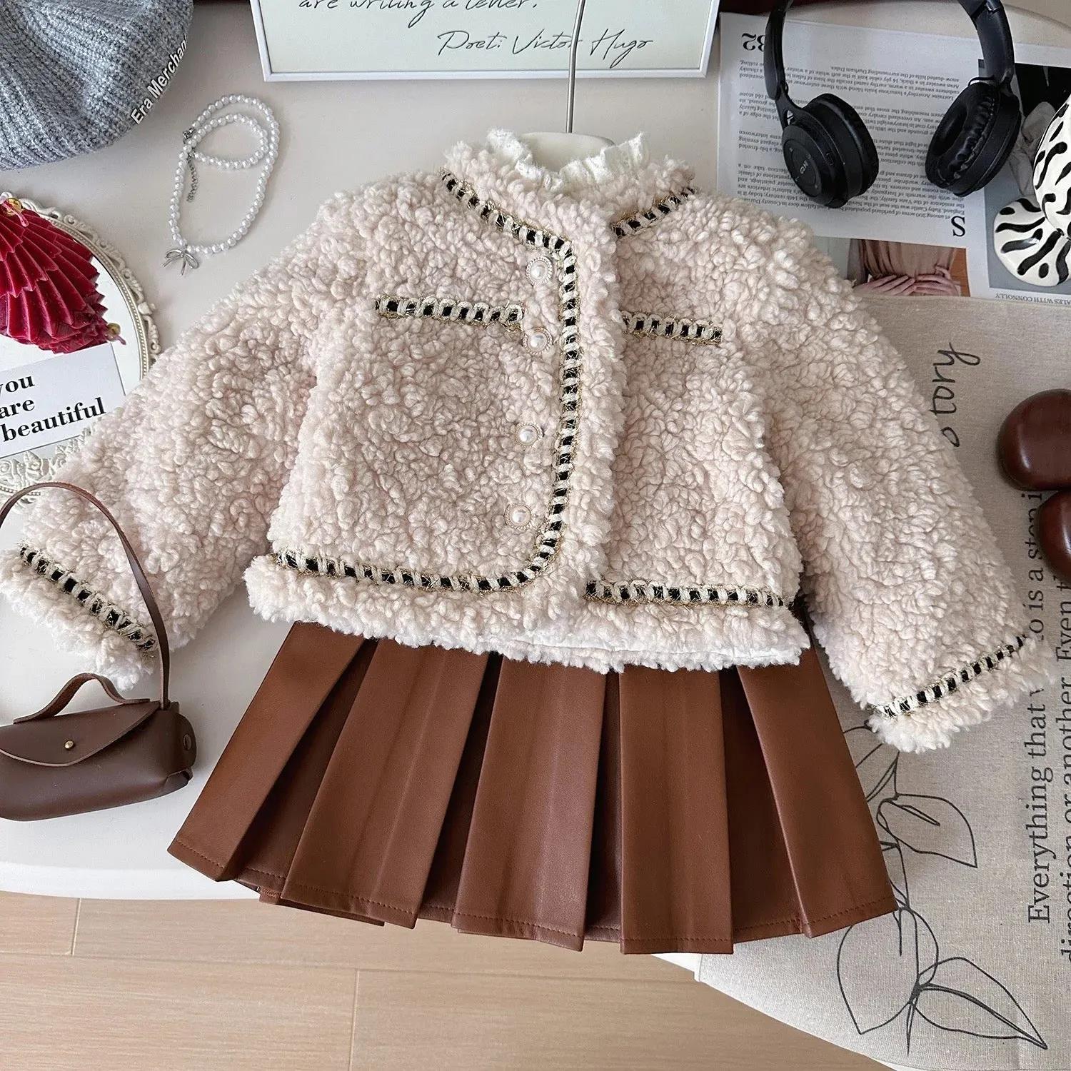 Girls Woolen Blazer And Brown Skirt 2 Pcs Set