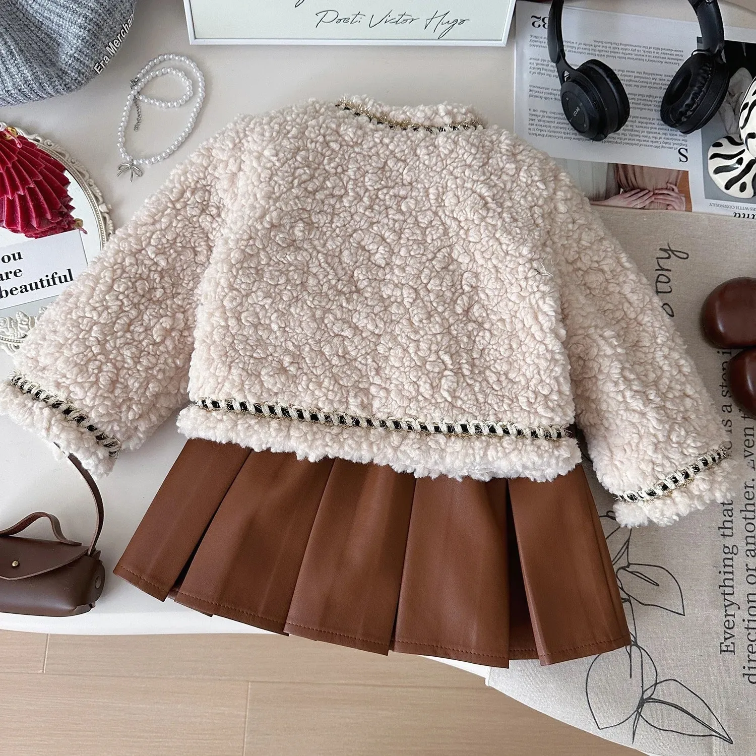 Girls Woolen Blazer And Brown Skirt 2 Pcs Set