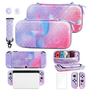 GLDRAM Purple Carrying Case Compatible with Nintendo Switch OLED, Cute Accessories Kit with Travel Case, Switch OLED Protective Shell, Screen Protector, Thumb Caps & Shoulder Strap