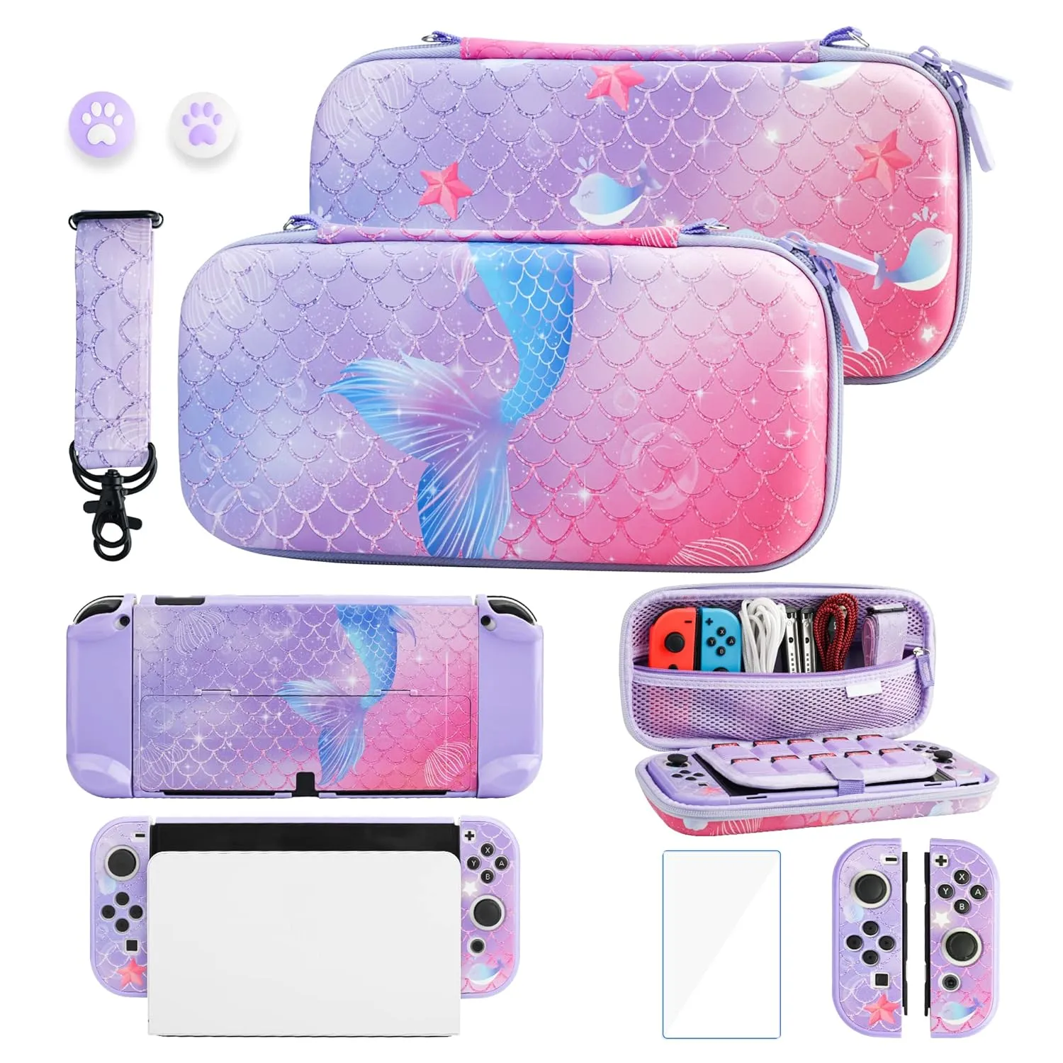 GLDRAM Purple Carrying Case Compatible with Nintendo Switch OLED, Cute Accessories Kit with Travel Case, Switch OLED Protective Shell, Screen Protector, Thumb Caps & Shoulder Strap