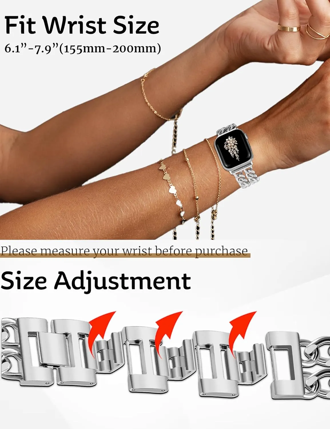 Gold Chain Watch Bands for Women Compatible with Apple Watch Band 38mm 40mm 41mm 42mm (S10) Dressy Adjustable Cowboy Metal Band Link Bracelet for iWatch Series1/2/3/4/5/6/7/8/9/10/SE (No Case)