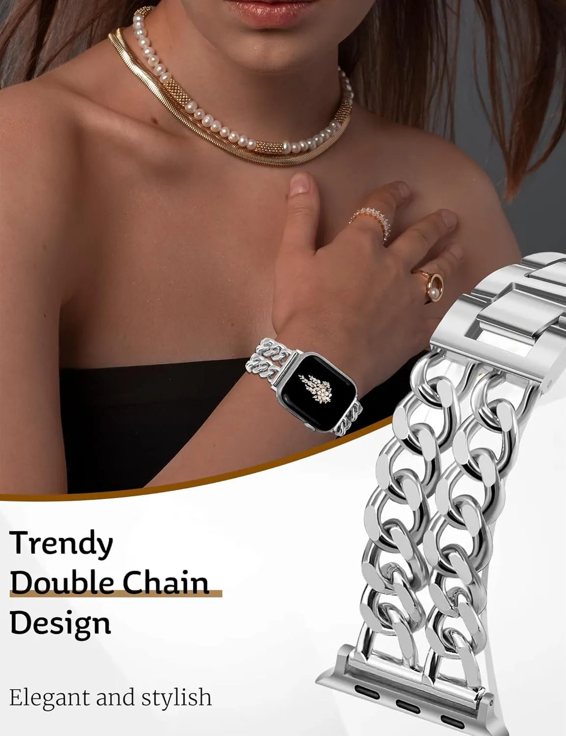 Gold Chain Watch Bands for Women Compatible with Apple Watch Band 38mm 40mm 41mm 42mm (S10) Dressy Adjustable Cowboy Metal Band Link Bracelet for iWatch Series1/2/3/4/5/6/7/8/9/10/SE (No Case)