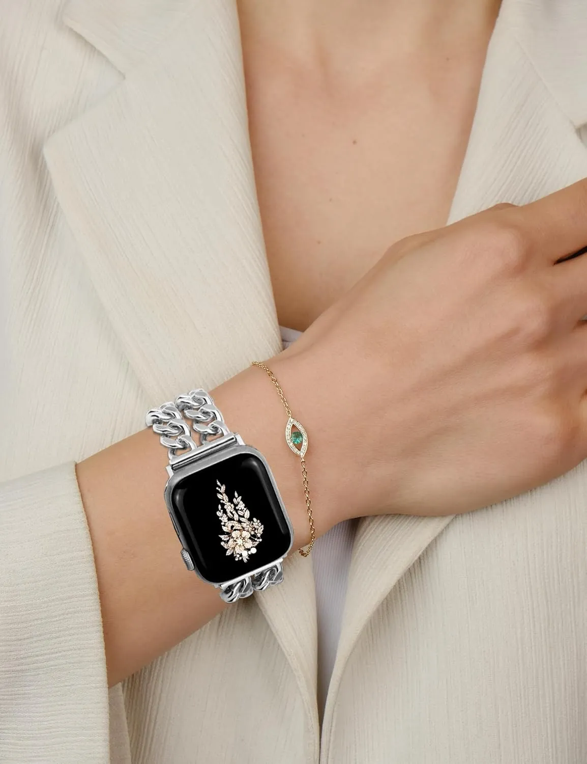 Gold Chain Watch Bands for Women Compatible with Apple Watch Band 38mm 40mm 41mm 42mm (S10) Dressy Adjustable Cowboy Metal Band Link Bracelet for iWatch Series1/2/3/4/5/6/7/8/9/10/SE (No Case)