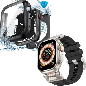 Goton Waterproof Case and Watch Bands for Apple Watch Series 6 5 4 SE(2023) 44mm, 360 Protective Hard PC Front & Back Bumper with HD Tempered Glass Screen Protector and Sturdy Metal Connector Comfort