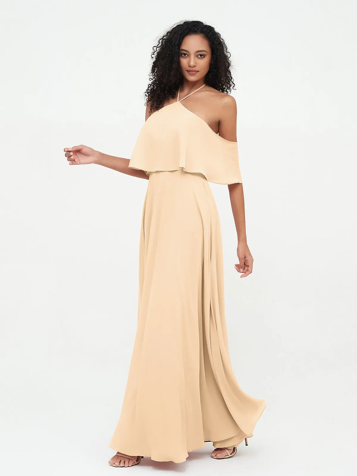 Halter Off the Shoulder Max Dresses with Pockets-Peach