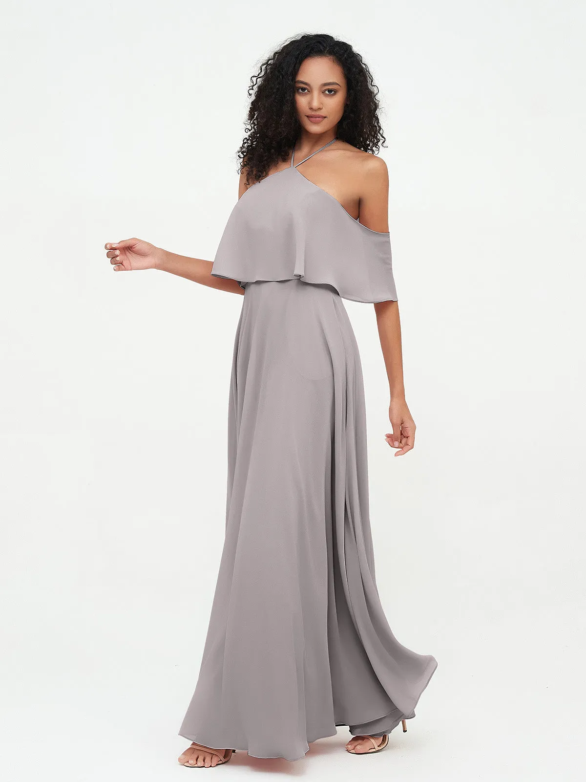 Halter Off the Shoulder Max Dresses with Pockets-Silver Plus Size