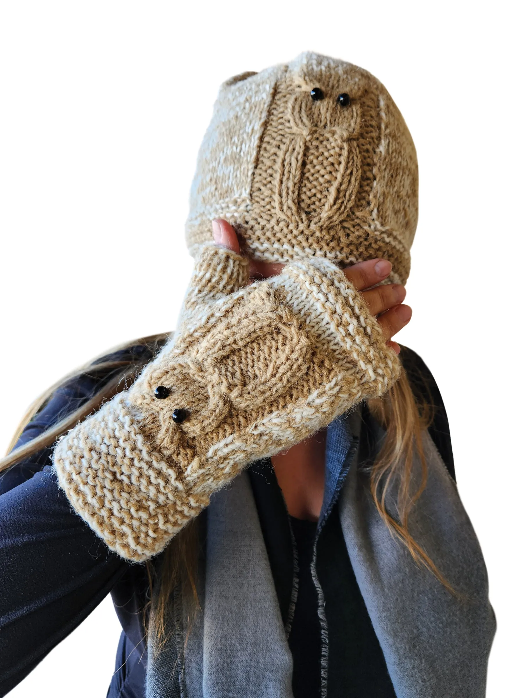 Handmade Knit Beanie Hat Owl