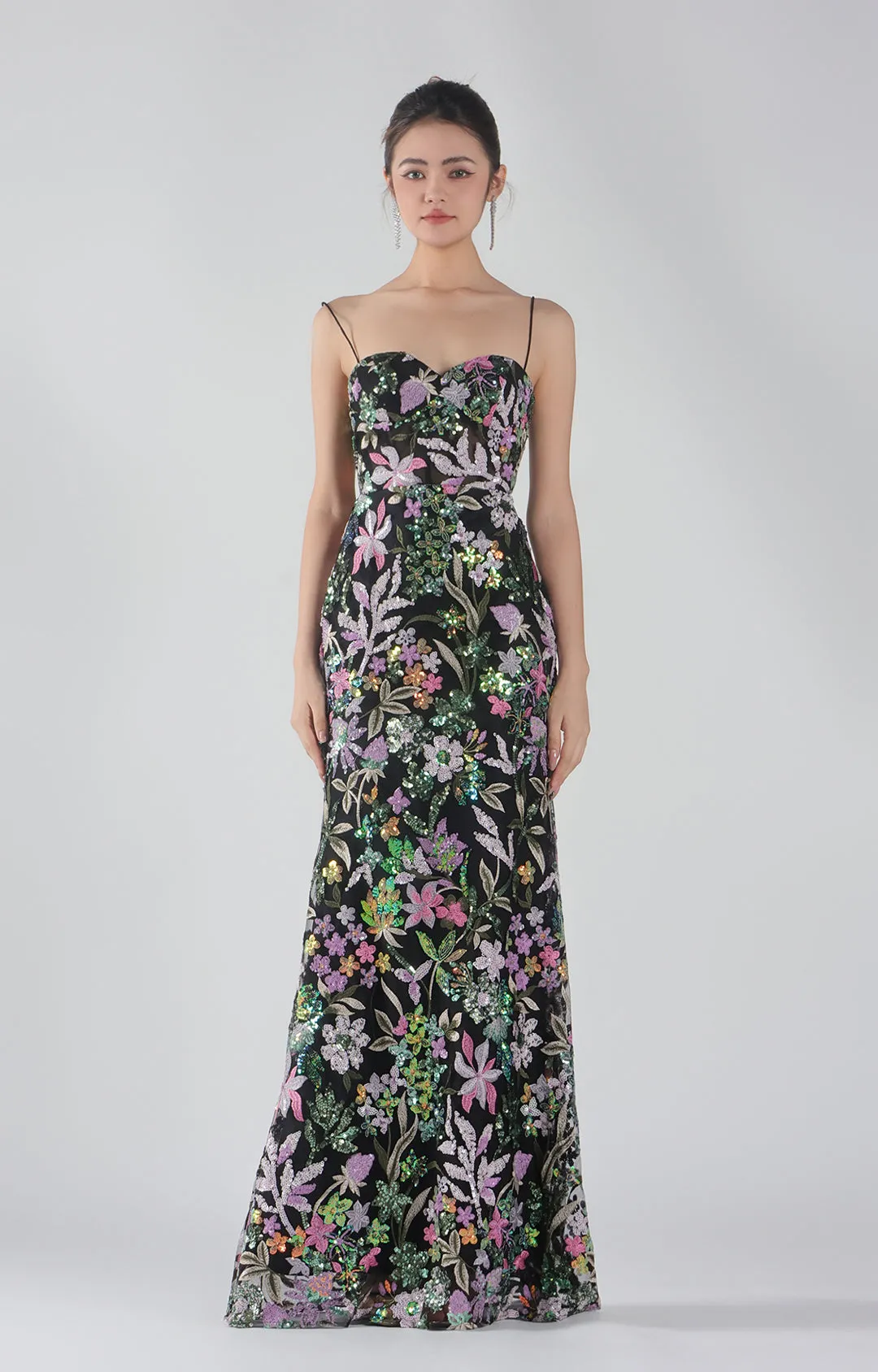 Heart Collar Sequins Spaghetti Straps Open Back Maxi Dress