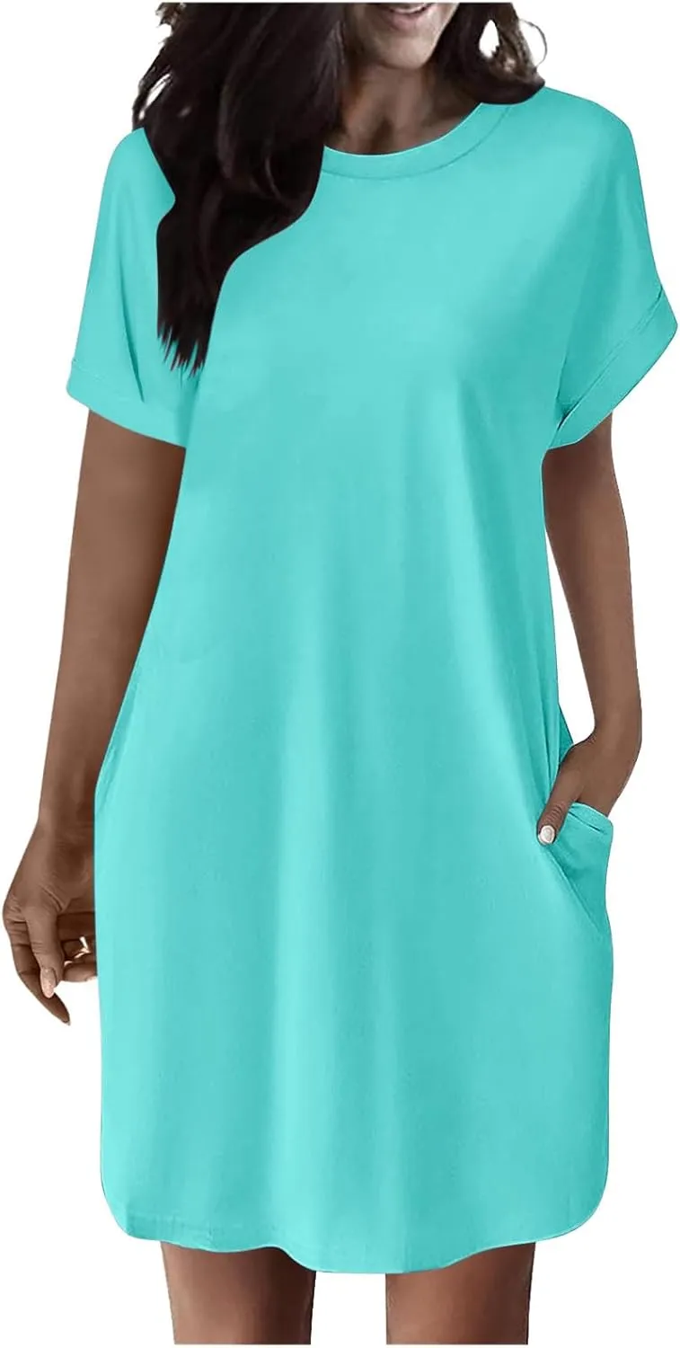 hlysgo Womens Summer Dresses 2025 Trendy Short Sleeve Crew Neck Mini Dress Casual Loose Fit Knee Length Dress with Pockets