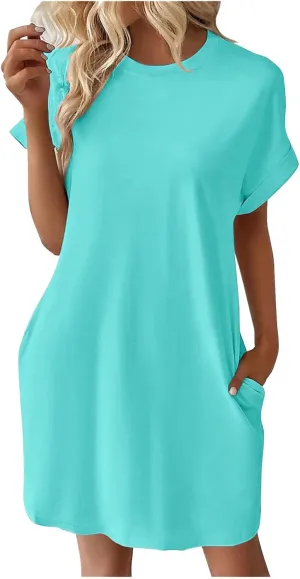 hlysgo Womens Summer Dresses 2025 Trendy Short Sleeve Crew Neck Mini Dress Casual Loose Fit Knee Length Dress with Pockets