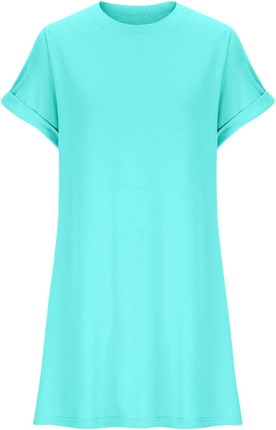 hlysgo Womens Summer Dresses 2025 Trendy Short Sleeve Crew Neck Mini Dress Casual Loose Fit Knee Length Dress with Pockets