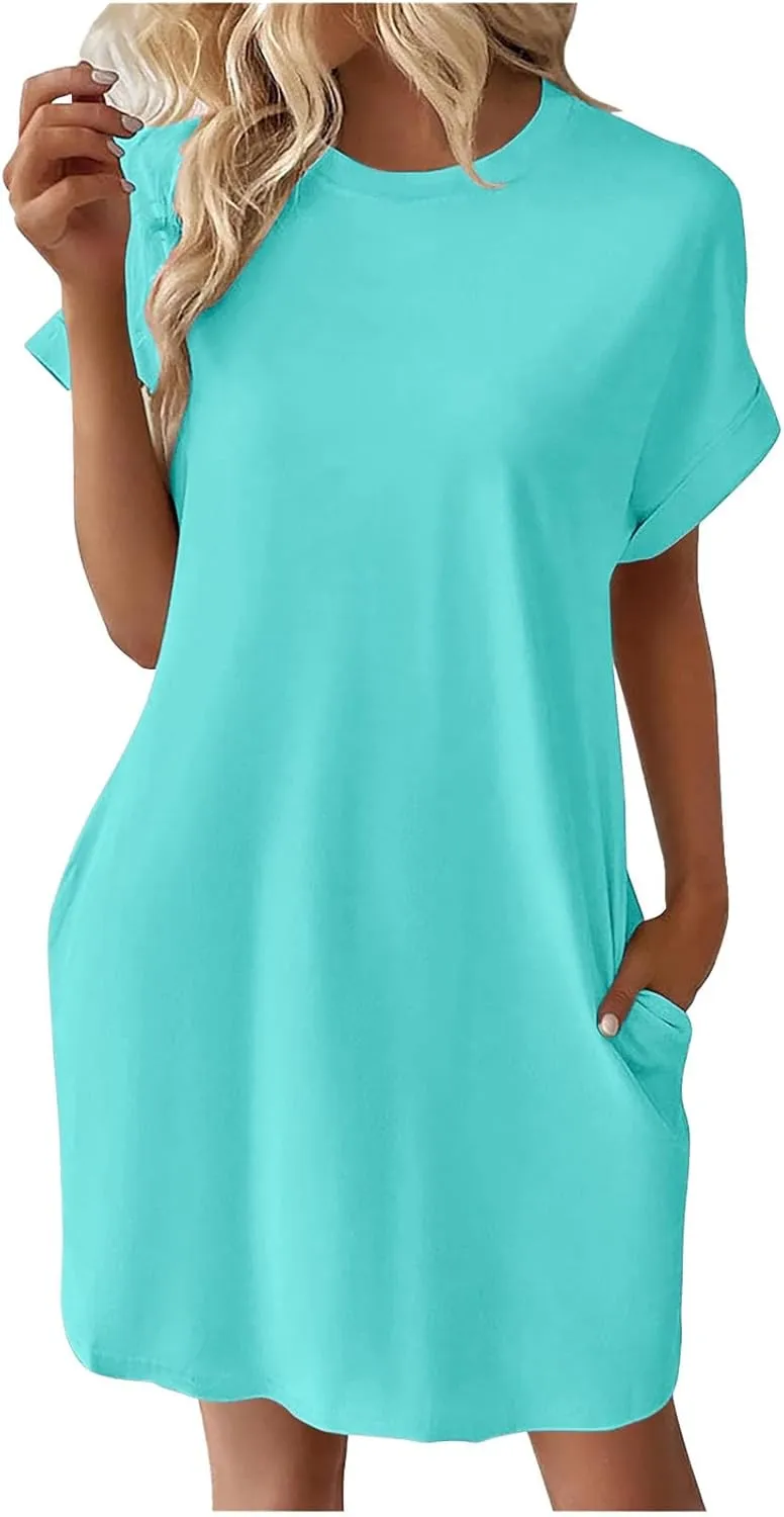 hlysgo Womens Summer Dresses 2025 Trendy Short Sleeve Crew Neck Mini Dress Casual Loose Fit Knee Length Dress with Pockets