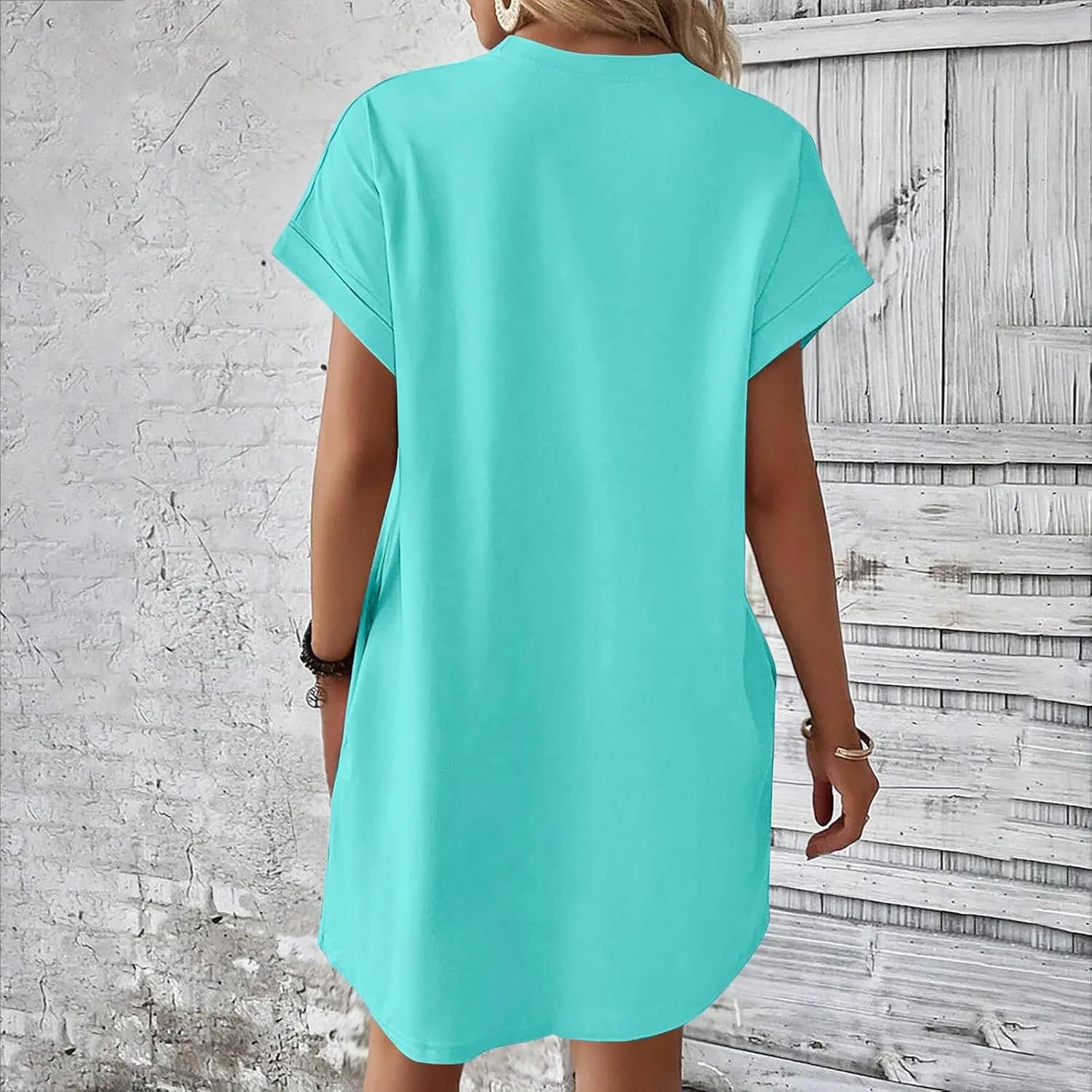 hlysgo Womens Summer Dresses 2025 Trendy Short Sleeve Crew Neck Mini Dress Casual Loose Fit Knee Length Dress with Pockets