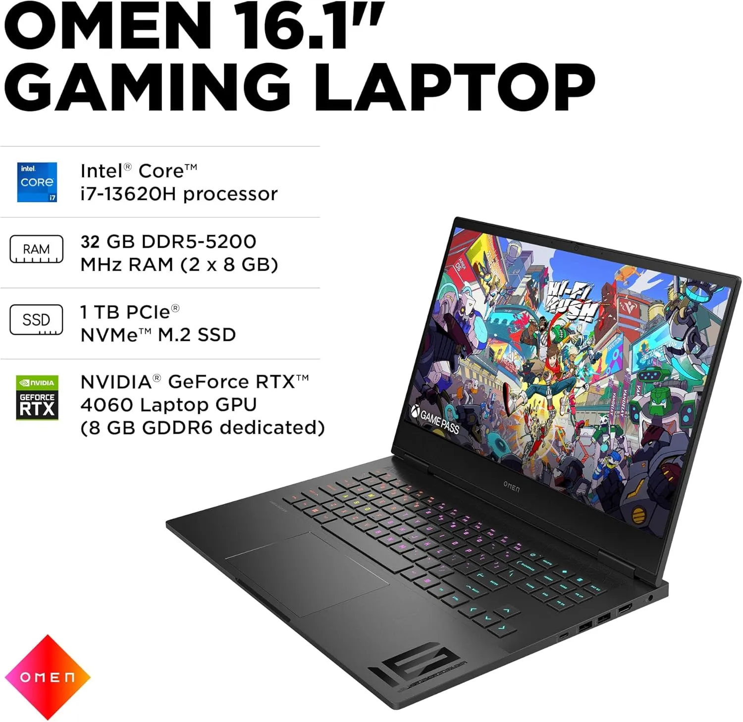 HP OMEN 16 Gaming Laptop (16.1" FHD 165Hz, Intel 13th Gen Core i7-13620H, 32G DDR5 RAM, 1TB SSD, NVIDIA Geforce RTX 4060 8GB) RGB backlit, 1080p Webcam, B&O, Wi-Fi 6E, Thunderbolt, Win 11 Home, Black