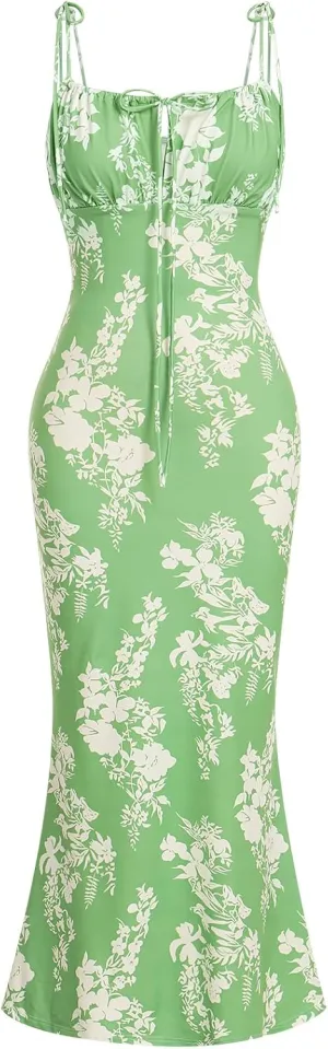 IDOPIP Women Summer Floral Bodycon Maxi Dress Boho Spaghetti Straps Backless Sundress Casual Classy Wedding Guest Dress 2024